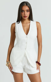 Longline Linen V Neck Back Tie Vest Top in White